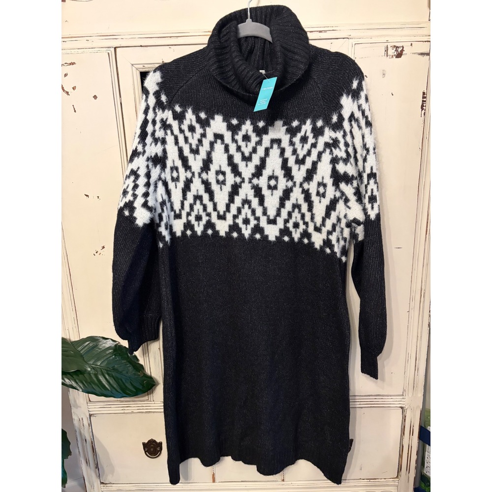 Maurices Womens XL Black White Fair Isle Turtleneck Knit Sweater Dress NWT